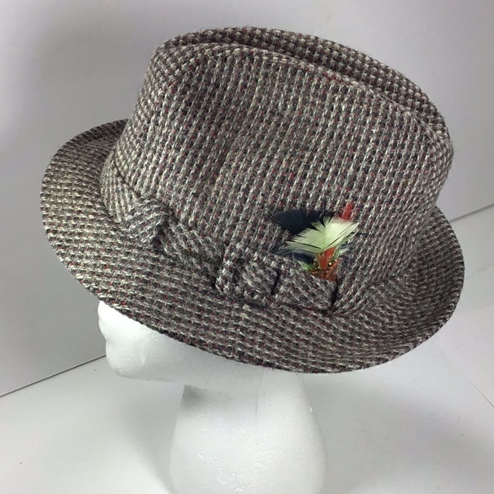 Stetson Hat Vintage Unisex Tweed Wool Feather Fedora Brown Wool Plaid British